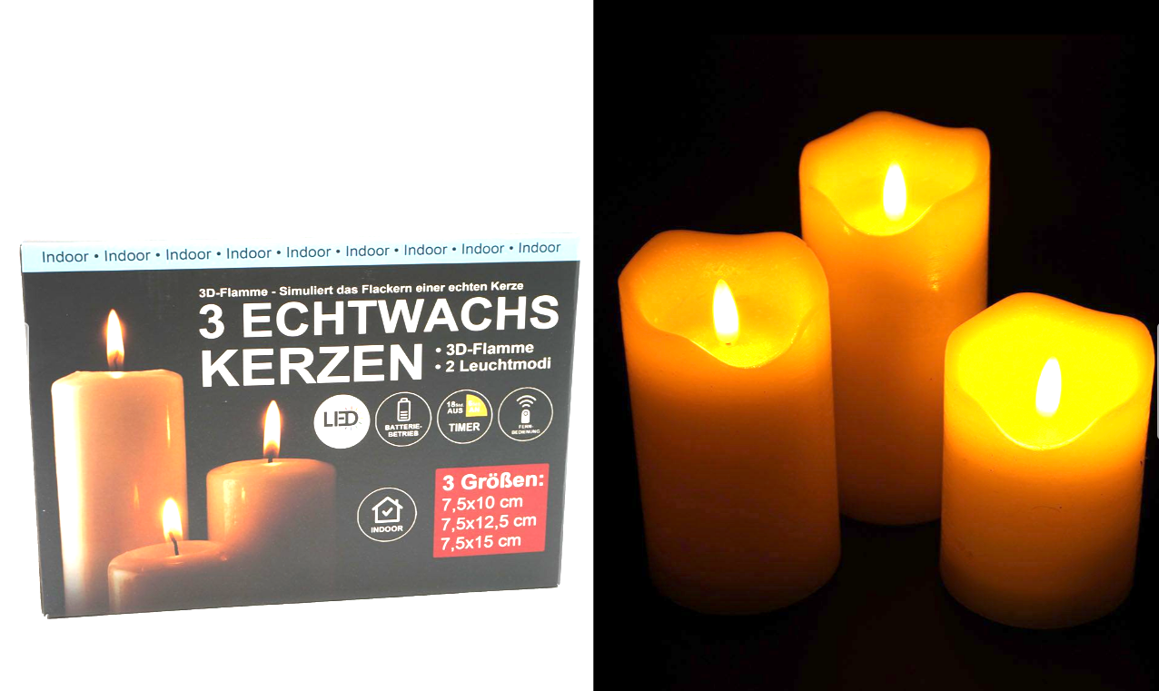 LED Echtwachskerze "3D Flamme" 4tlg. Set, 7,5x10/12,5/15, Timer+Fernbed., creme