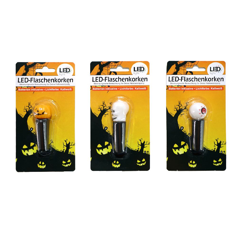 Flaschenkorken Halloween 3 Designs, 1x LED Totenkopf, Auge, Kürbis