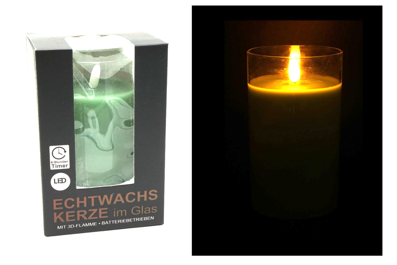 LED Echtwachskerze in Glas "3D Flamme" 7,5x12,5cm 6h Timer, mint, transp. Glas
