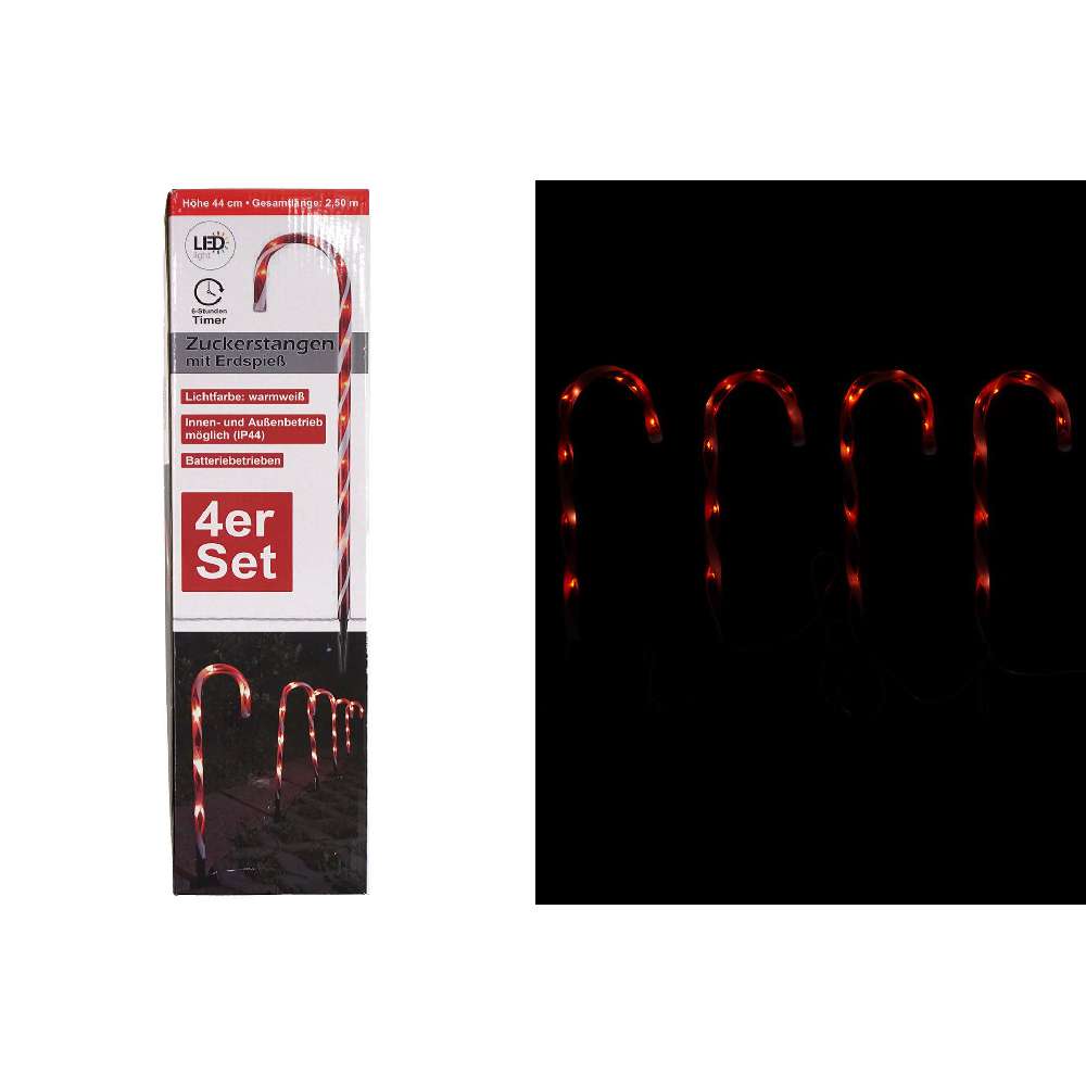 LED Zuckerstangen 4er mit Stick, 44cm, warmweiß, Outdoor, batteriebetrieben