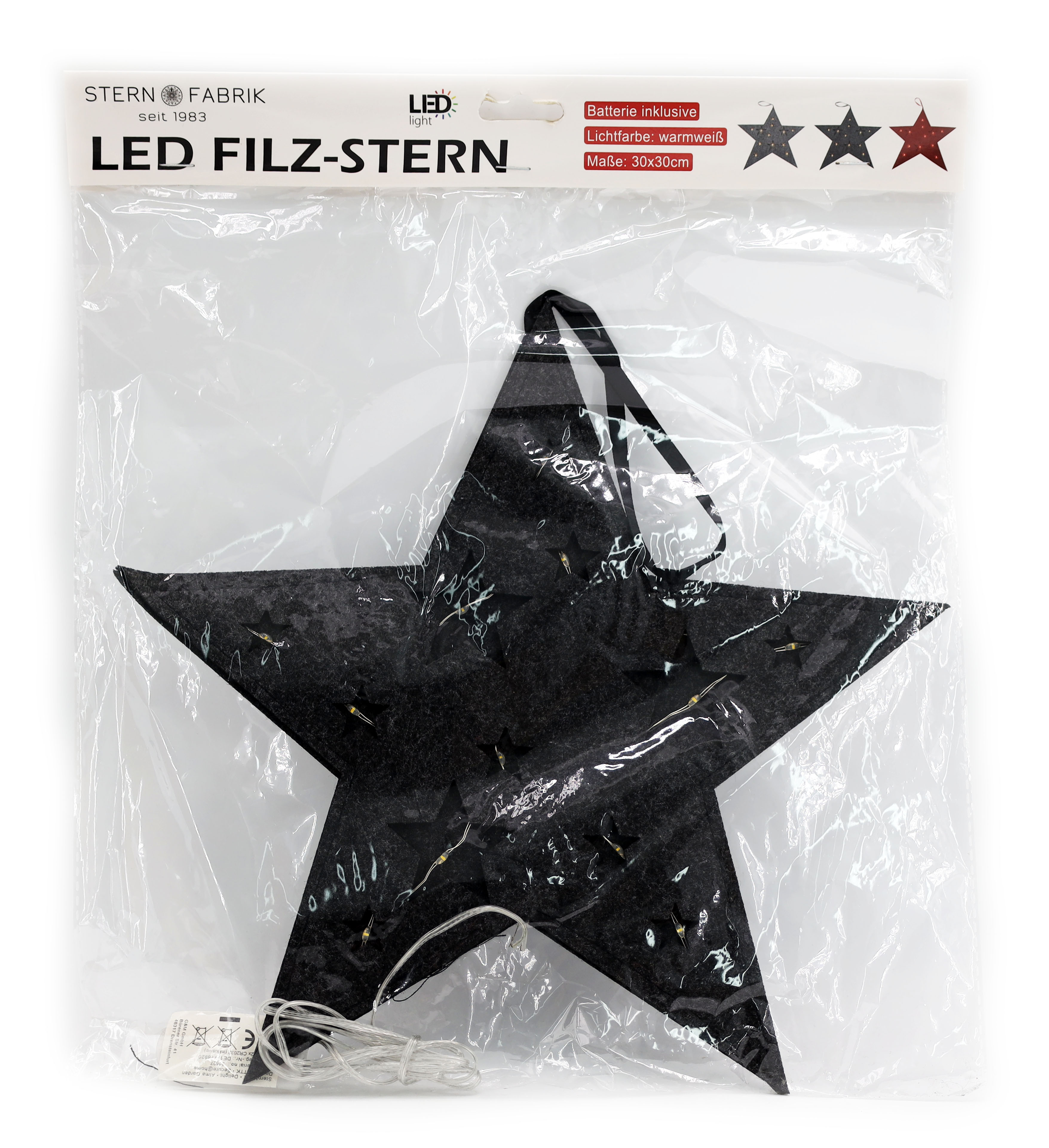 LED Filz Stern, 12 LED, 30x30cm, 3 Farben