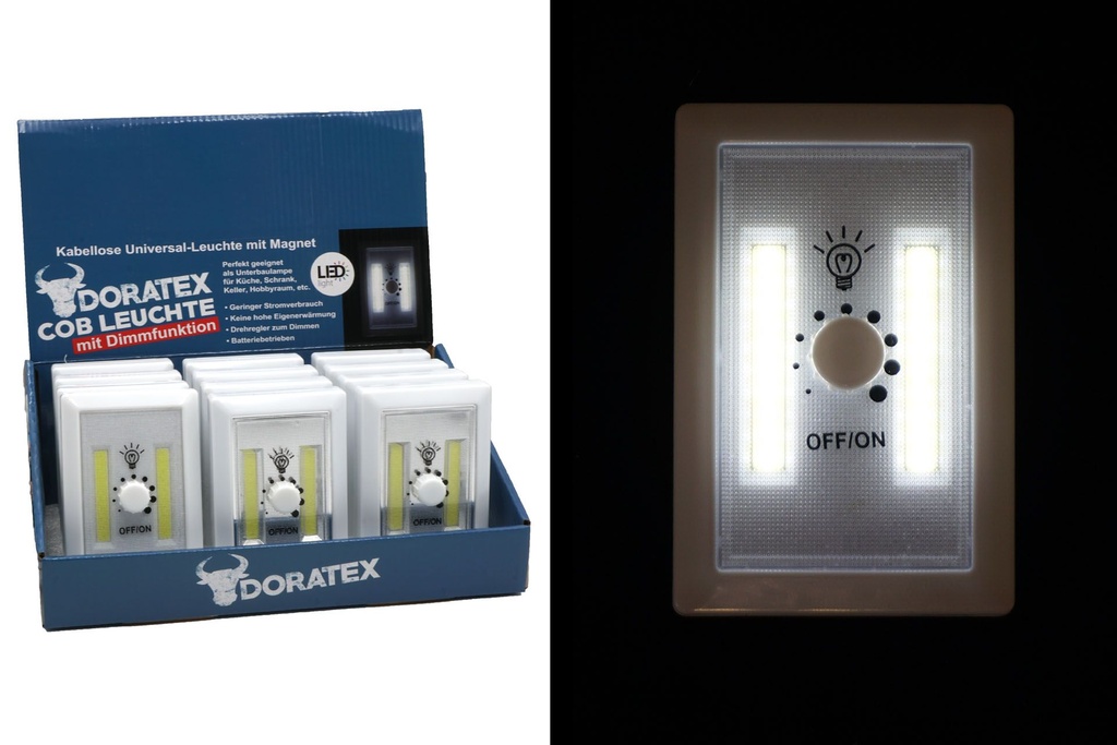 COB LED Lampe mit Drehregler, eckig mit Magnet, 11,5x7,5cm, im Display