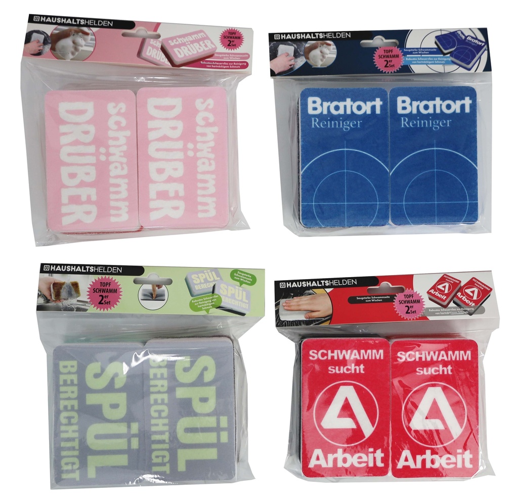 Topfschwamm mit Spruch, 11x7x3cm, 2er Set, 4 Designs