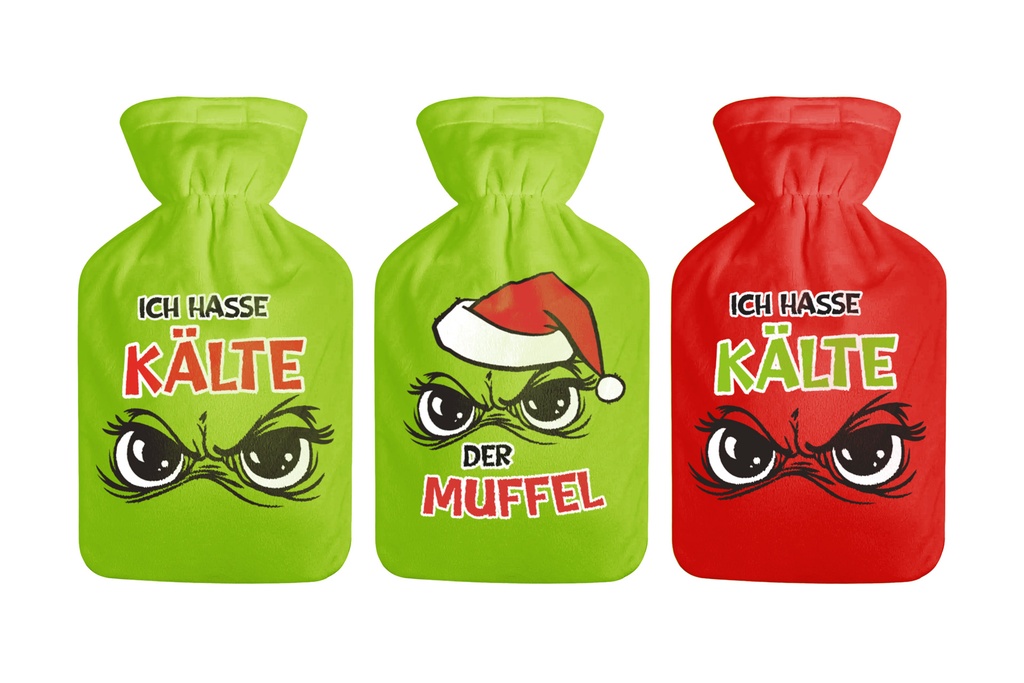 Wärmflasche 2L inkl Überzug "Festtagsmuffel", 3 Designs