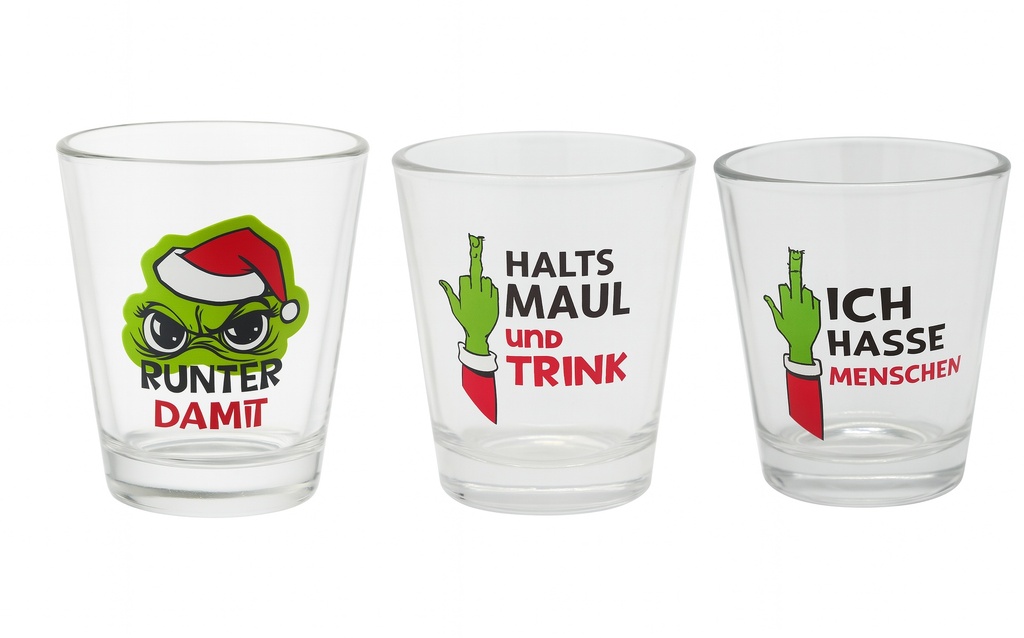 Schnapspinnchen Glas "Festtags-Muffel" 4cl, 3 Design Varianten