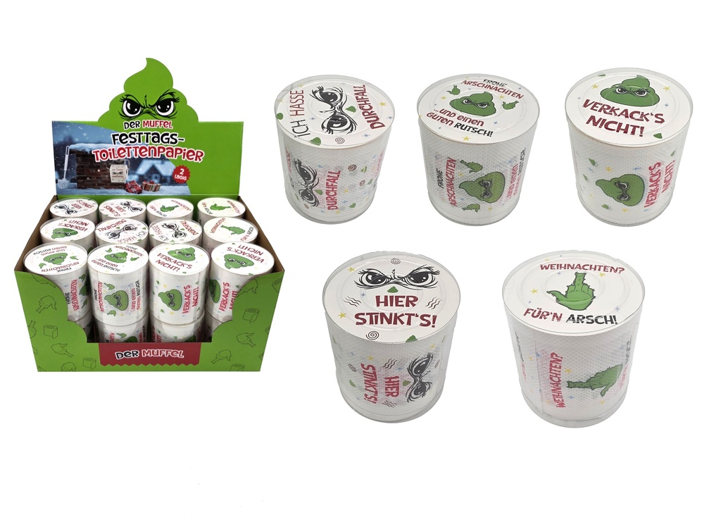 Toilettenpapier Festtags-Muffel, 2-lagig, 24 m | 5 Anti-Weihnachten Designs – Lustiges Geschenk für Weihnachtsmuffel & Wichtelrunden
