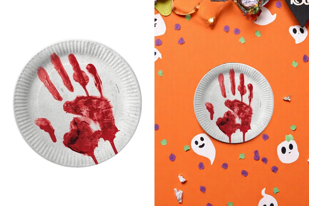 Pappteller Halloween, "Rote Hand", 24cm, 6er Set