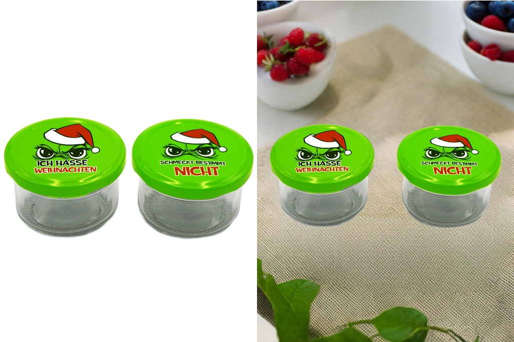 Einmachglas Festtags-Muffel 100 ml – Lustiges Glas mit Schraubdeckel für Marmelade, Likör, Süßigkeiten & Geldgeschenke | Anti-Weihnachten Wichtel- und Mitbringsel-Idee für Weihnachtsmuffel