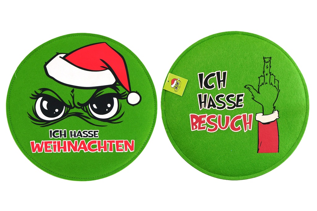 Sitzkissen Filz rund Festtags-Muffel Ø 35 cm | 2 Designs | Lustige Sitzauflage & Geschenkidee für Weihnachtsmuffel | Anti-Weihnachten | Filz