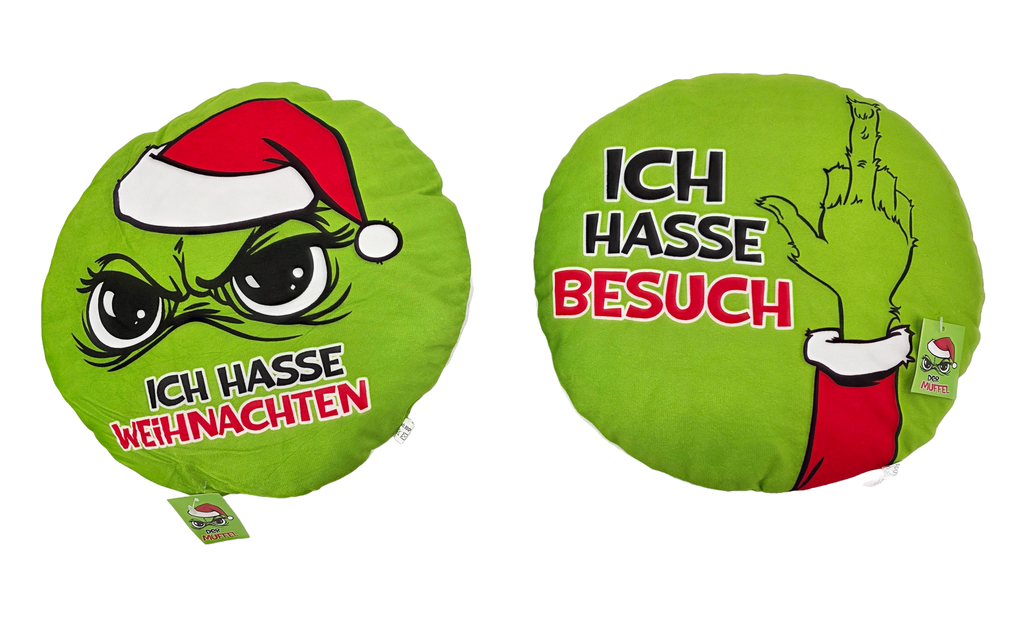 Kissen Festtags-Muffel Plüsch Ø 30 cm | 2 Designs | Weiches Sofakissen für Weihnachtsmuffel & Anti-Weihnachten | Lustige Deko