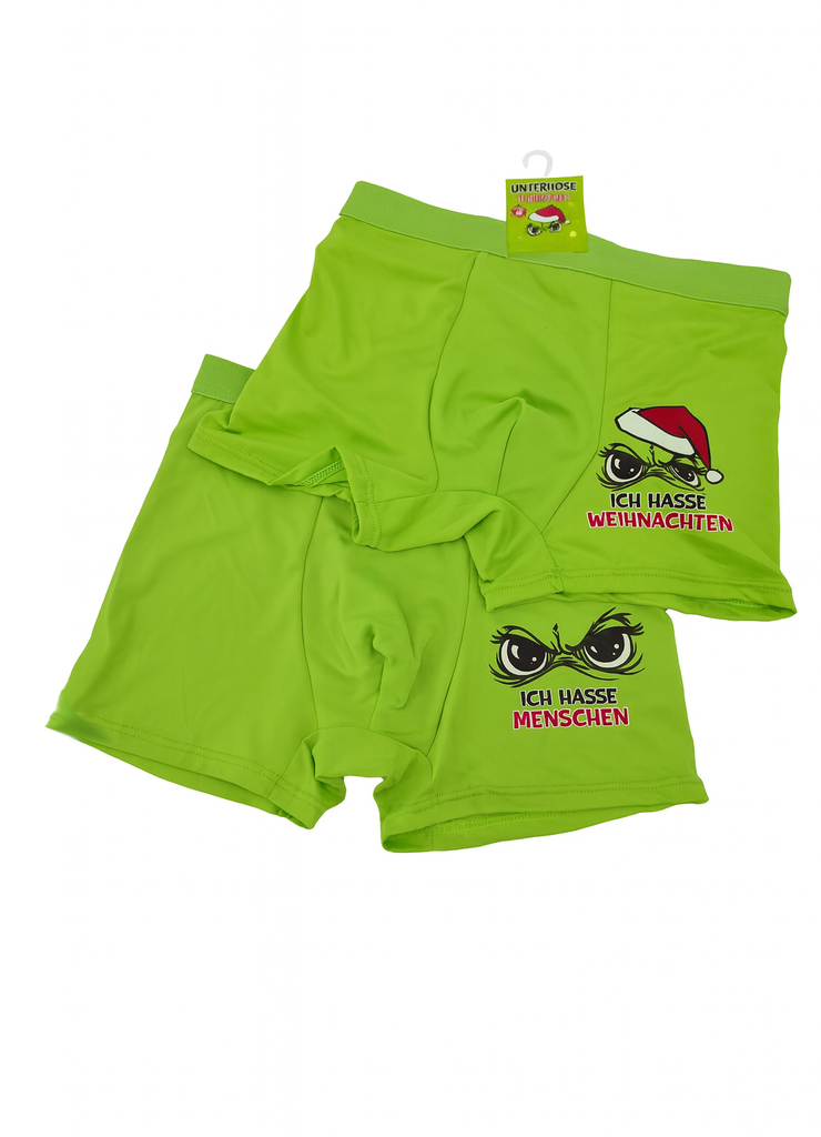 Unterhose Festtags-Muffel | Lustige Herren Boxershorts M – XL | Grün | „Ich hasse Weihnachten“ & „Ich hasse Menschen“ | Anti-Weihnachten Geschenkidee für Weihnachtsmuffel & Xmas-Fans