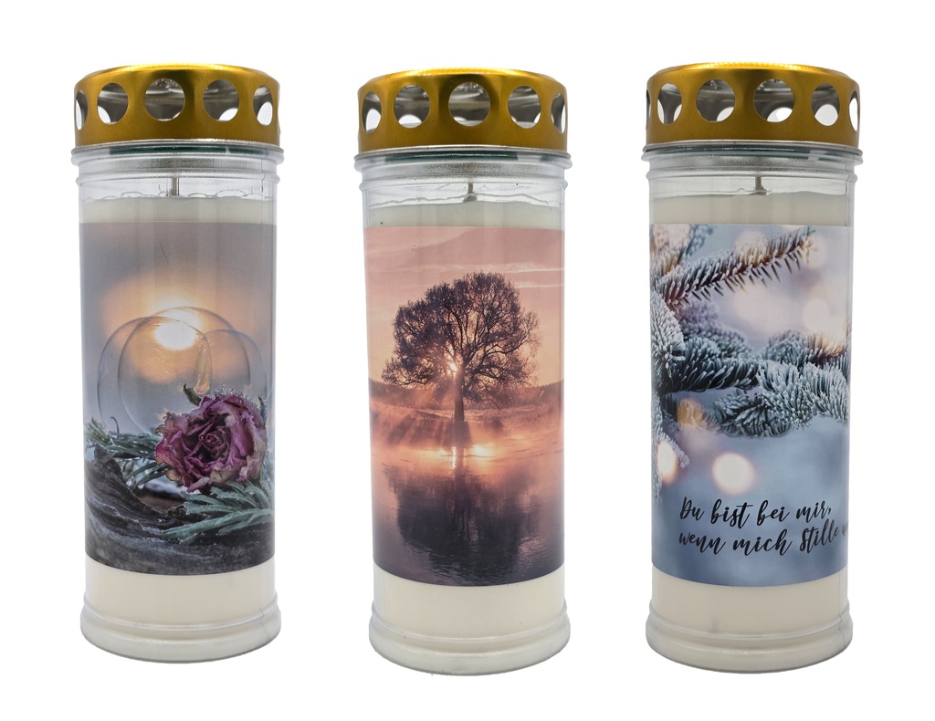 Grabkerze | Erstklassige Qualität | 20cm x 7,5 cm mit Motiv | Winter MiX | 1 Stück