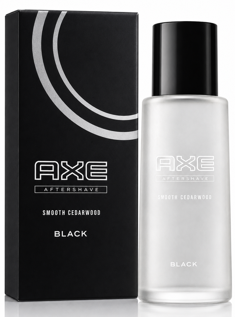AXE Black Smooth Cedarwood Aftershave 100 ml mit schwarzer Verpackung und Glasflasche