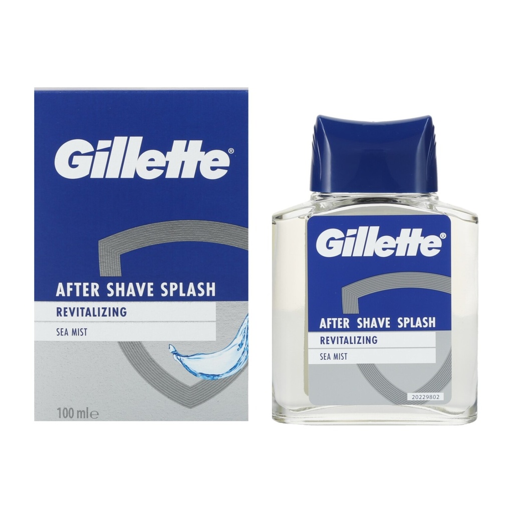 Gillette After Shave Splash Revitalizing Sea Mist 100 ml mit blauer Verpackung und transparenter Glasflasche