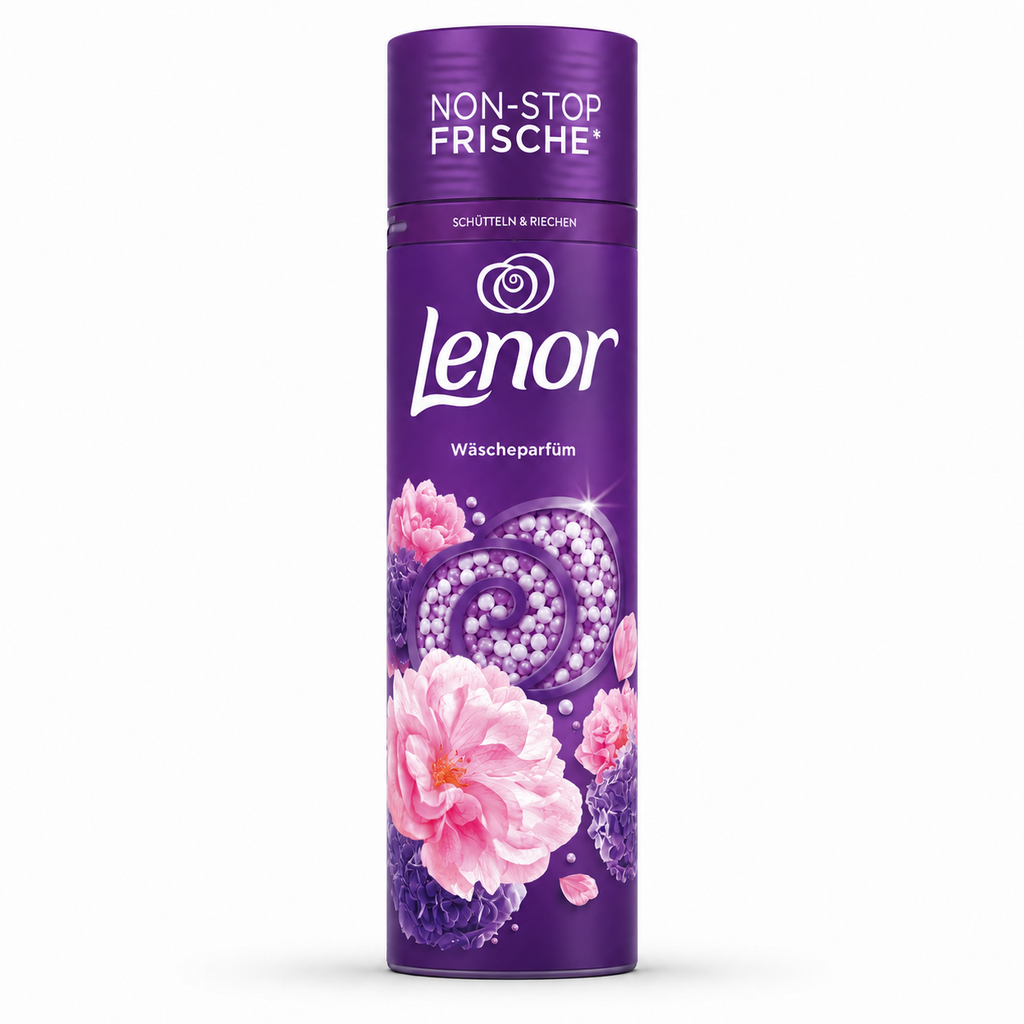 Lenor Wäscheparfüm Amethyst Blütentraum 275 g mit violetten Duftperlen und rosa Blumen auf lilafarbener Verpackung  📁 SEO-Dateiname Hauptbi