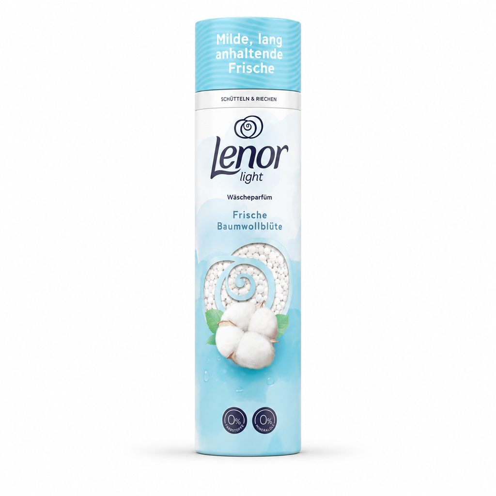 Lenor Light Wäscheparfüm Frische Baumwollblüte 275 g mit weißen Duftperlen in hellblauer Verpackung