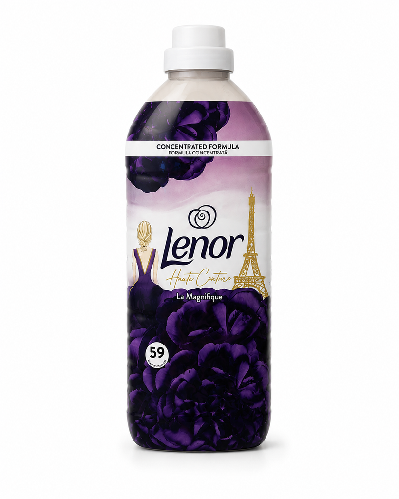 Lenor Haute Couture La Magnifique konzentrierter Weichspüler für 59 Waschgänge in weiß-violetter Flasche