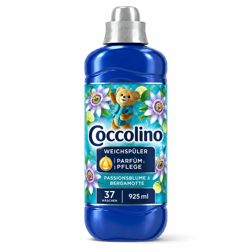 Coccolino Weichspüler Passionsblume & Bergamotte 925 ml für 37 Waschgänge in blauer Flasche mit Passionsblüten