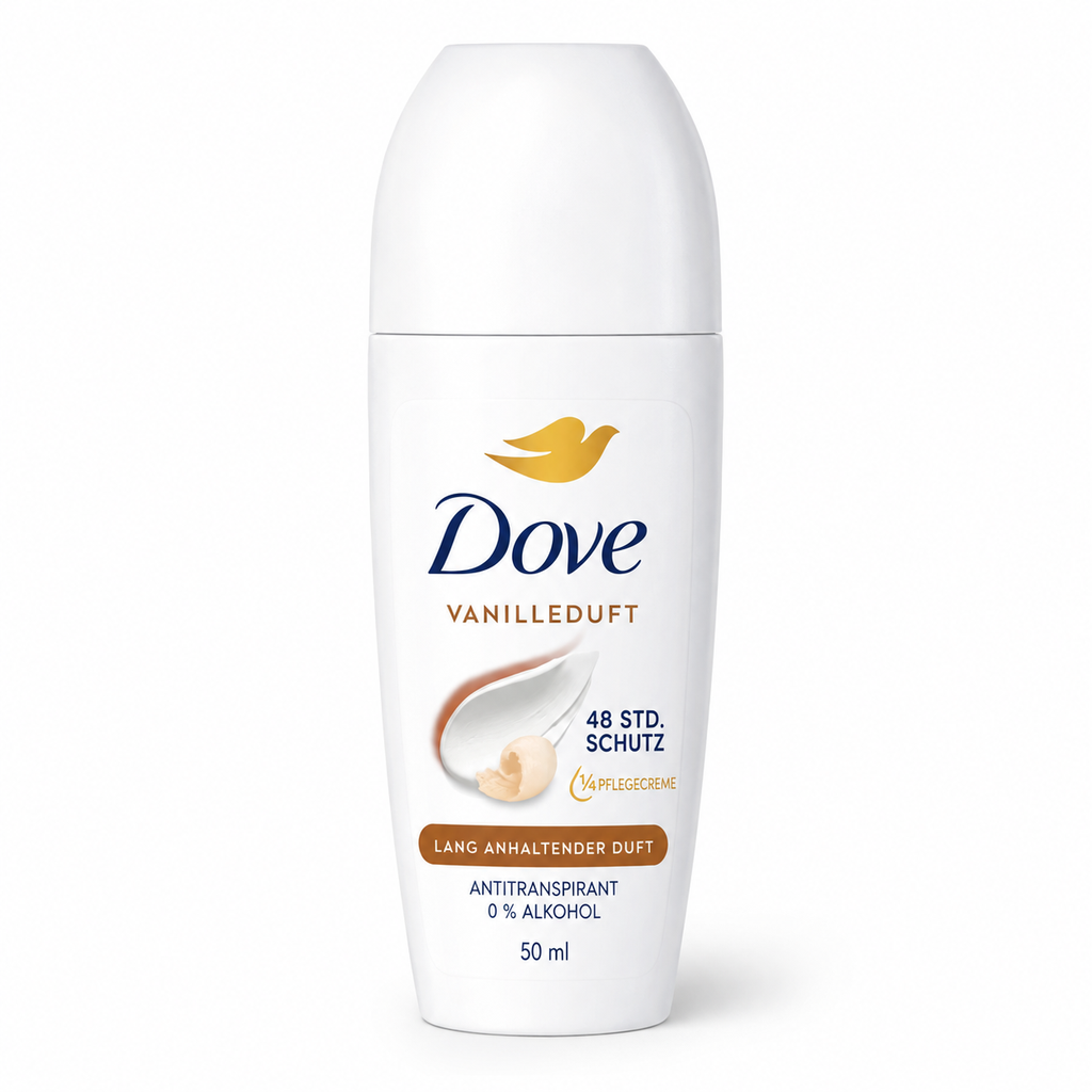 Dove Antitranspirant Deoroller Vanilleduft 50 ml mit 48 Stunden Schutz, ¼ Pflegecreme und 0 % Alkohol