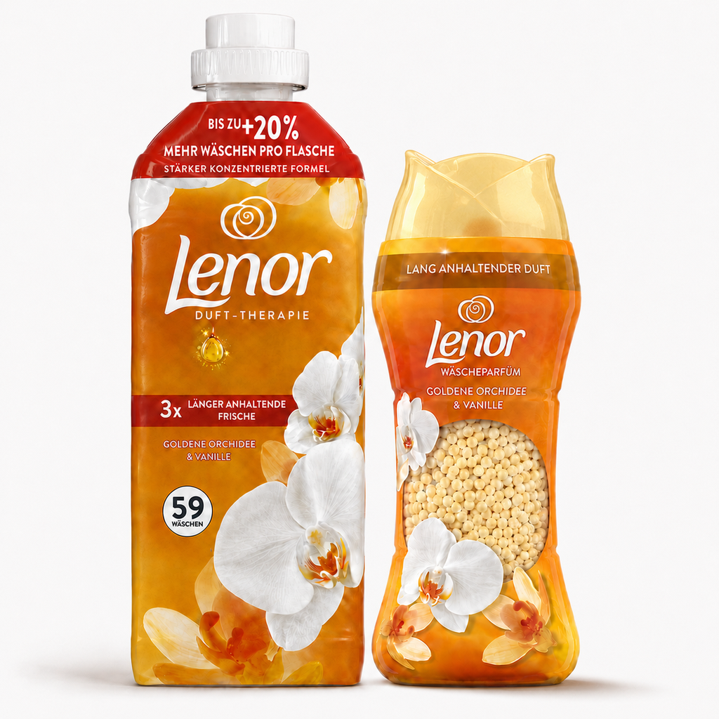 Lenor Goldene Orchidee & Vanille Set mit Weichspüler für 59 Waschgänge und passendem Wäscheparfüm