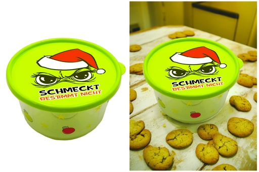 [14082] Vorratsdose Weihnachten Festtags-Muffel Ø 19,5 × 10 cm (1,8 L) – Lustige Anti-Weihnachten Keks- & Vorratsdose aus BPA-freiem Kunststoff | Perfekt für Kekse, Kuchen & Wichtelgeschenke