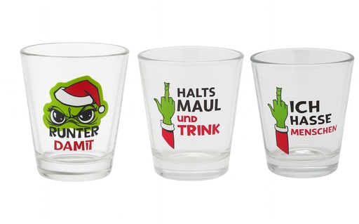 Schnapspinnchen Glas "Festtags-Muffel" 4cl, 3 Design Varianten
