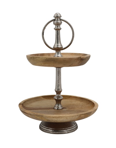 [15707] Dekoration Mangoholz/Aluminium "Etagere 2-stufig" 30cm 