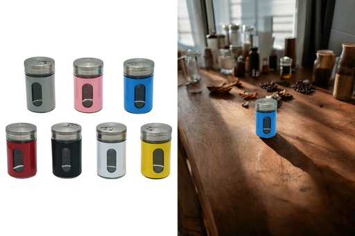 [P0001666] Gewürzstreuer Glas in Edelstahlhülle bunt sortiert, 8cm x Ø 4,8cm