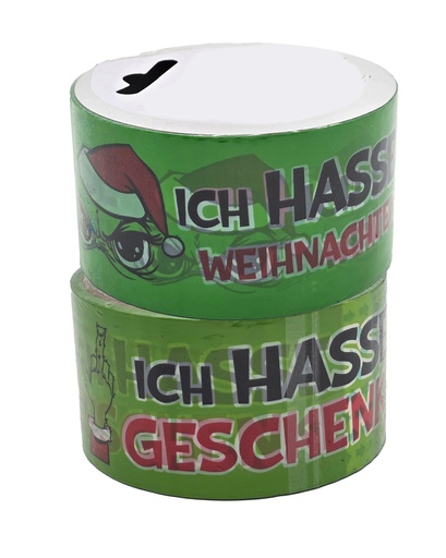 Paket- & Klebeband Festtags-Muffel | 20 m × 48 mm | 2 Designs | Lustiges Anti-Weihnachten-Klebeband – Ich hasse Weihnachten & Ich hasse Geschenke