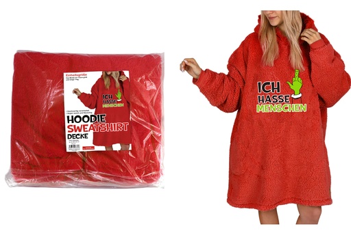 [P0002040] Hoodie Festtags-Muffel | Rot | Einheitsgröße 130×180 cm | Anti-Weihnachten Kuscheldecke mit Kapuze & Ärmel