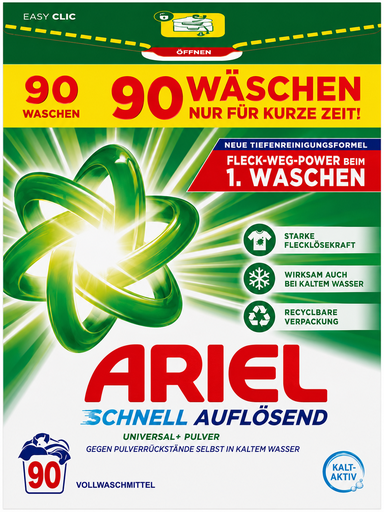 Ariel Schnell Auflösend Universal+ Vollwaschmittel Pulver für 90 Waschgänge mit Kalt-Aktiv-Formel