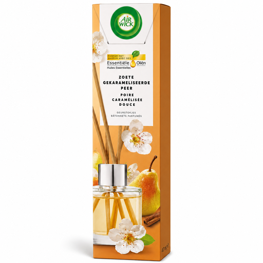 Air Wick Essential Oils Duftstäbchen Süße karamellisierte Birne 40 ml mit Birne, weißen Blüten und warmem Karamellduft