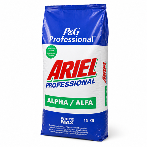 Ariel Professional Alpha White Max Waschpulver 15 kg für 200 Waschgänge mit starker Fleckentfernung und intensiver Weißpflege