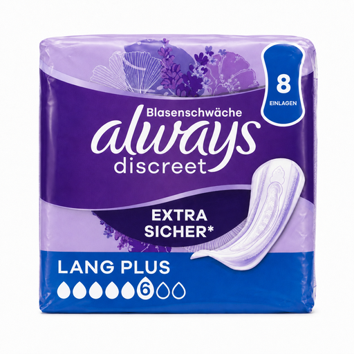 Always Discreet Long Plus Extra sicher Einlagen bei Blasenschwäche mit Saugstärke 6 in Packung mit 8 Stück