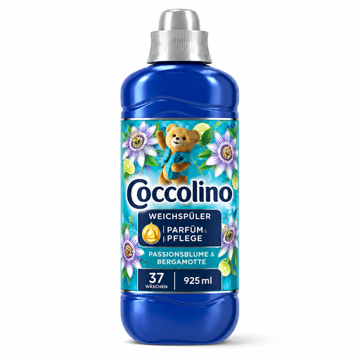 Coccolino Weichspüler Passionsblume & Bergamotte 925 ml für 37 Waschgänge in blauer Flasche mit Passionsblüten