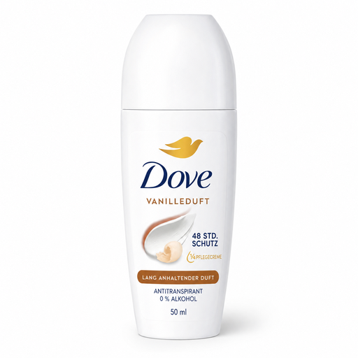 Dove Antitranspirant Deoroller Vanilleduft 50 ml mit 48 Stunden Schutz, ¼ Pflegecreme und 0 % Alkohol
