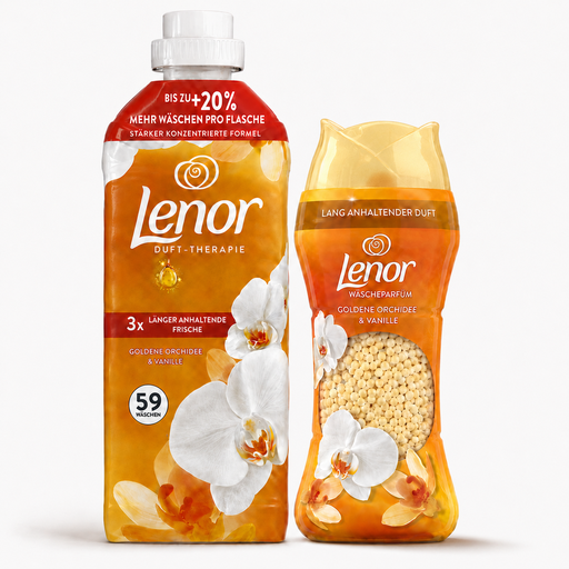 Lenor Goldene Orchidee & Vanille Set mit Weichspüler für 59 Waschgänge und passendem Wäscheparfüm